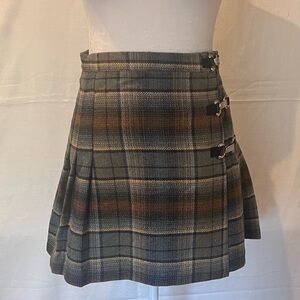 Blue Plaid Mini Skirt Size 7-8 Pleated Wool Blend with 3 side buckles